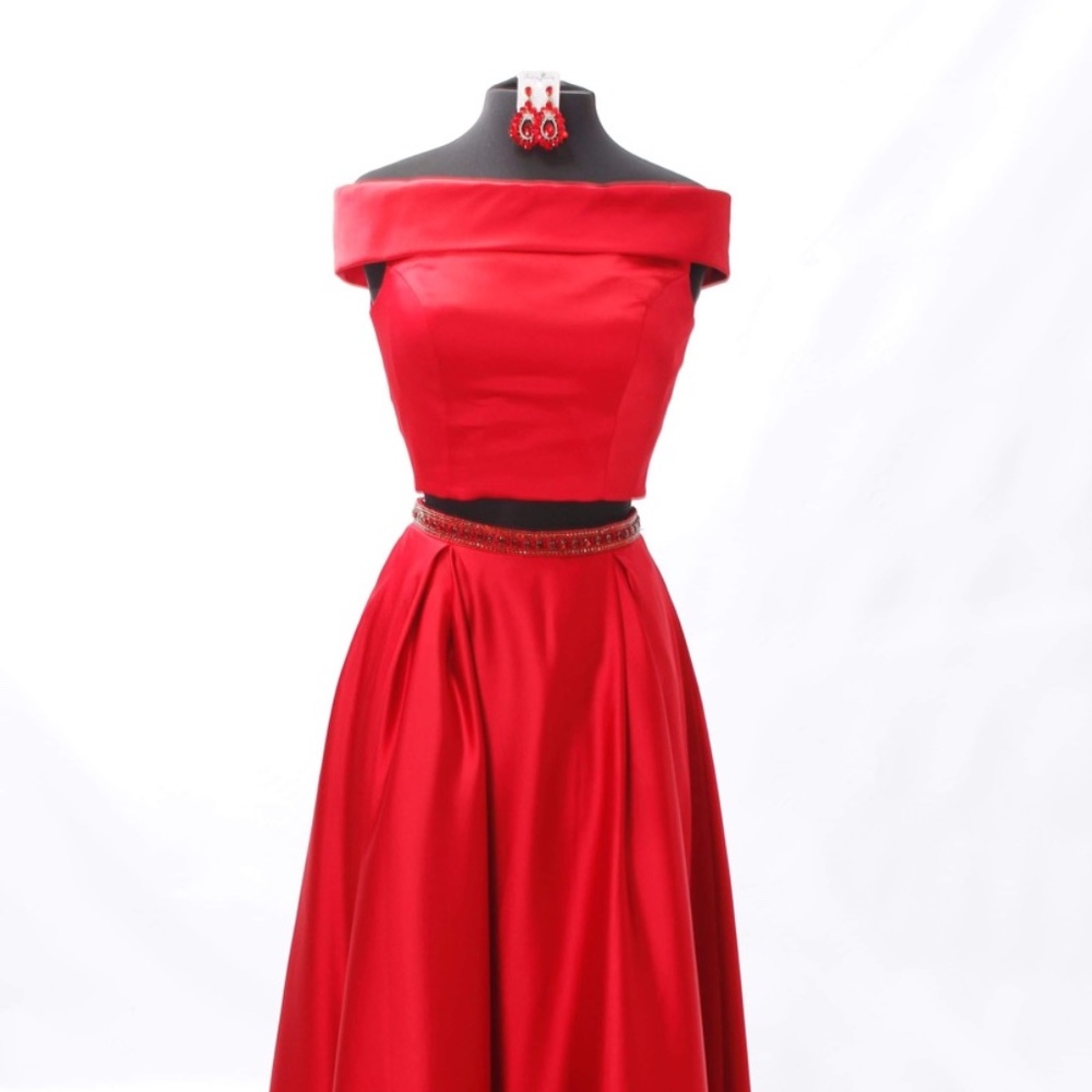 Red Sherri Hill two piece hi low dress